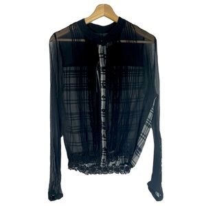 NWT Artisan de Luxe Sheer Plaid Top Long Sleeves Black Sz M